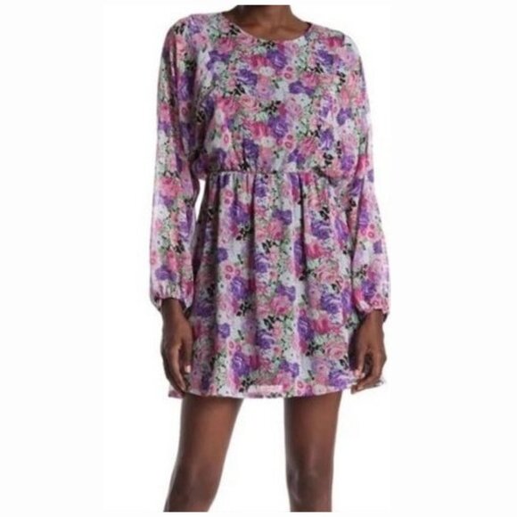 WAYF Women's Purple Pink Floral Dolman Long Sleeve Mini Dress - M - Picture 1 of 6